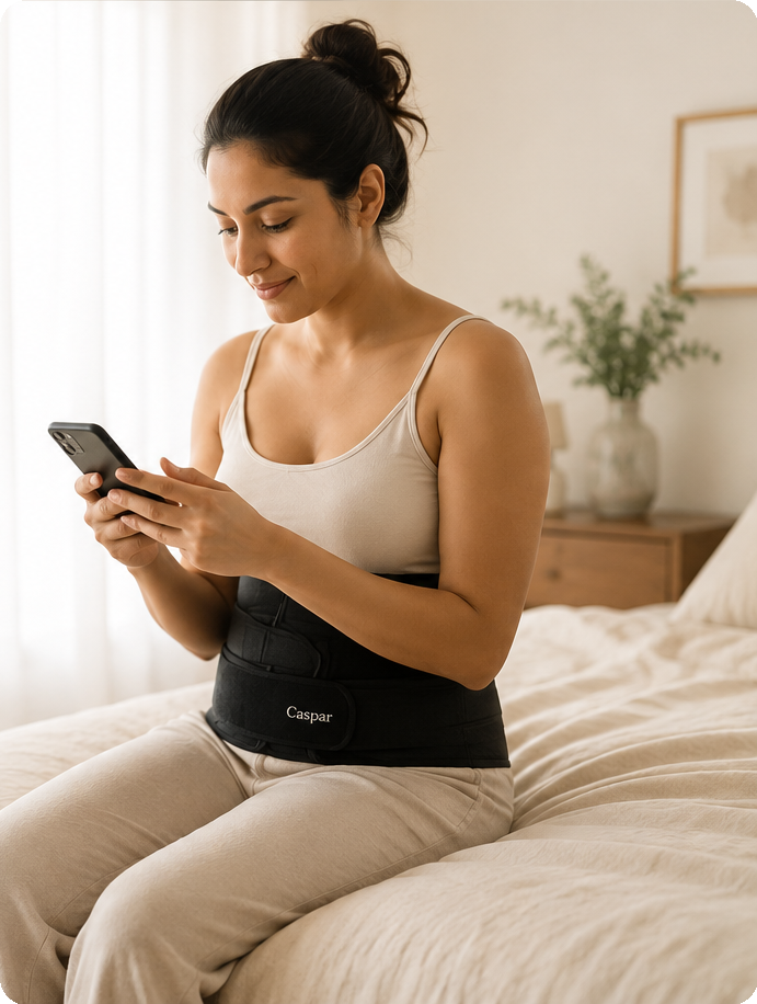 Woman wearing Caspar support belt reaching out on her phone