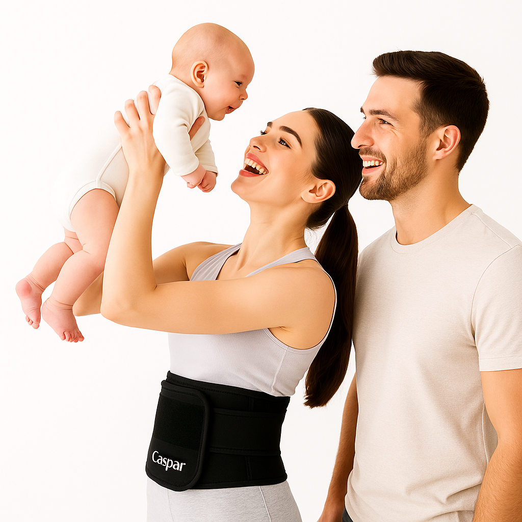 A mother joyfully lifting her laughing baby overhead while her partner looks on