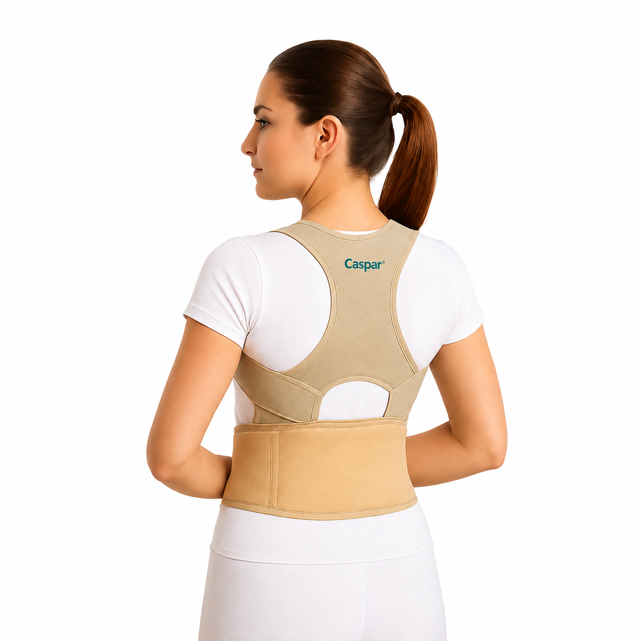 Woman wearing the CASPAR Posture Corrector Belt, back view