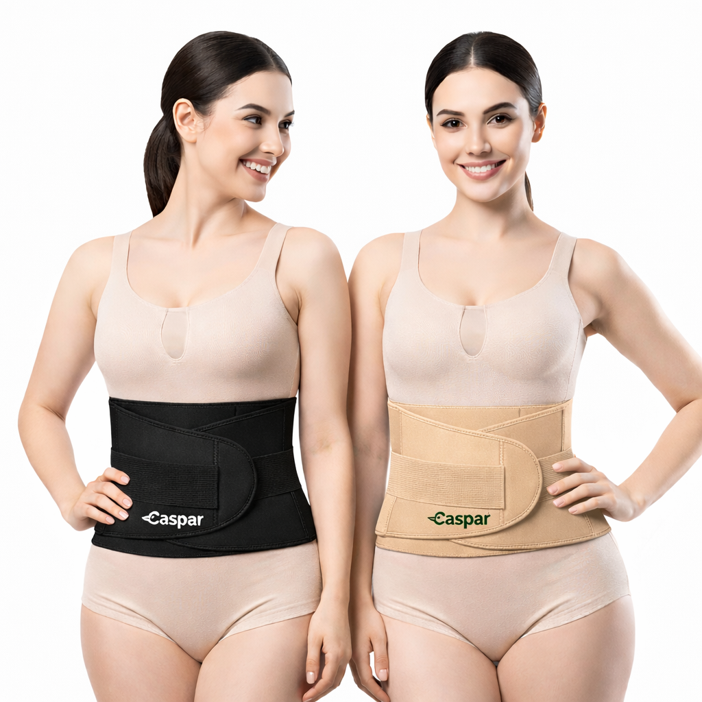 CASPAR Single Postpartum Belly Wrap shown in black and beige colour options