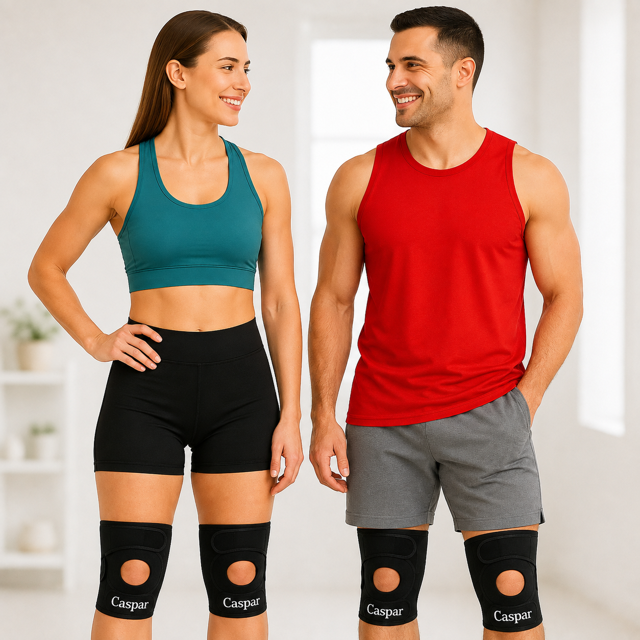 Woman and man each wearing CASPAR Open Patella Knee Support braces on both knees