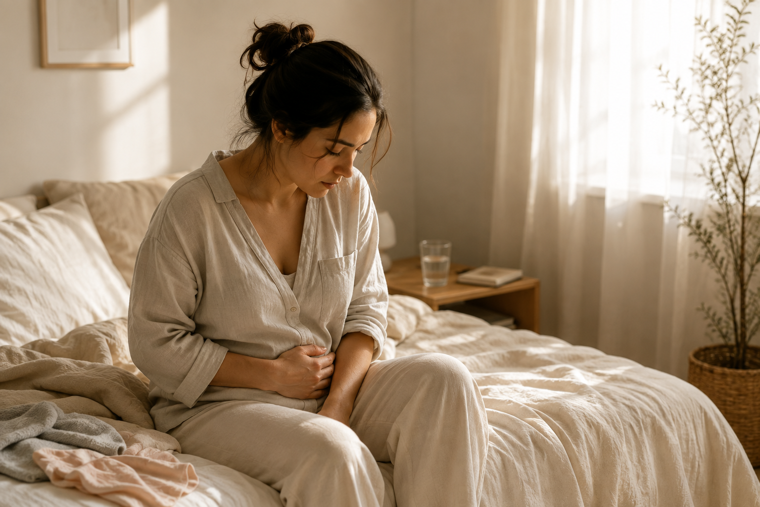 A woman sitting on her bed in soft morning light, gently holding her abdomen